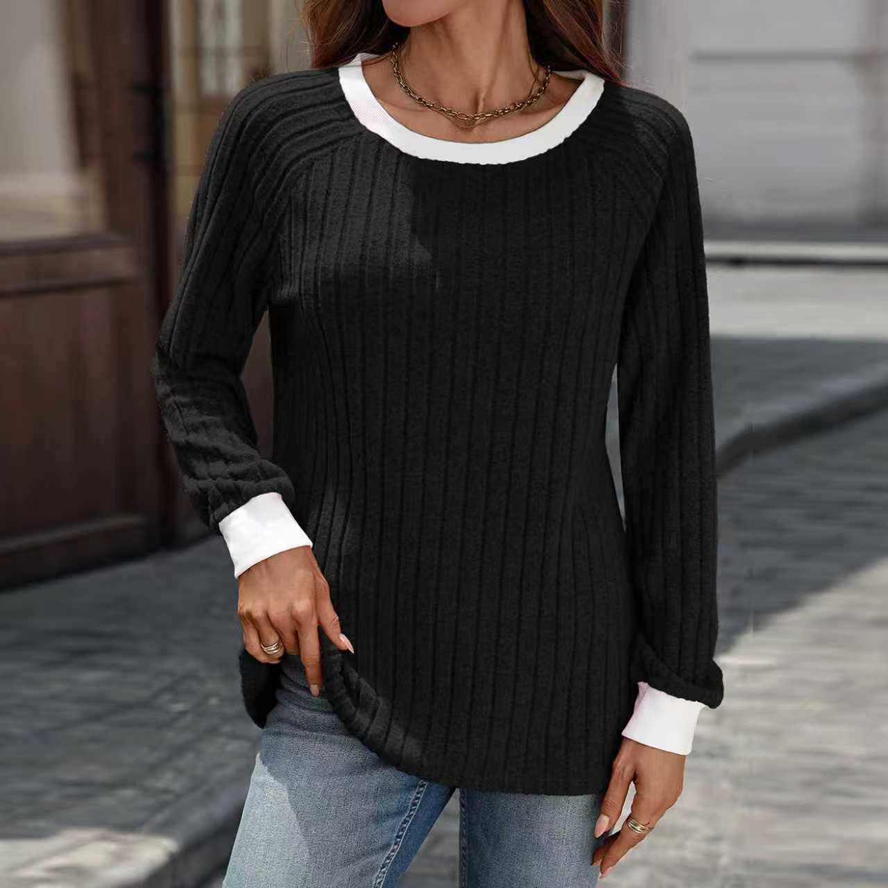 

European and American Ladies Winter Round Neck Contrast Color Long Sleeve Ribbed Sweater T-shirt Women s Clothing S