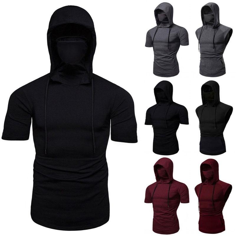 Stylish Men's Hooded Pullover T Shirt Tank Top With Protective Mask For Active Wear