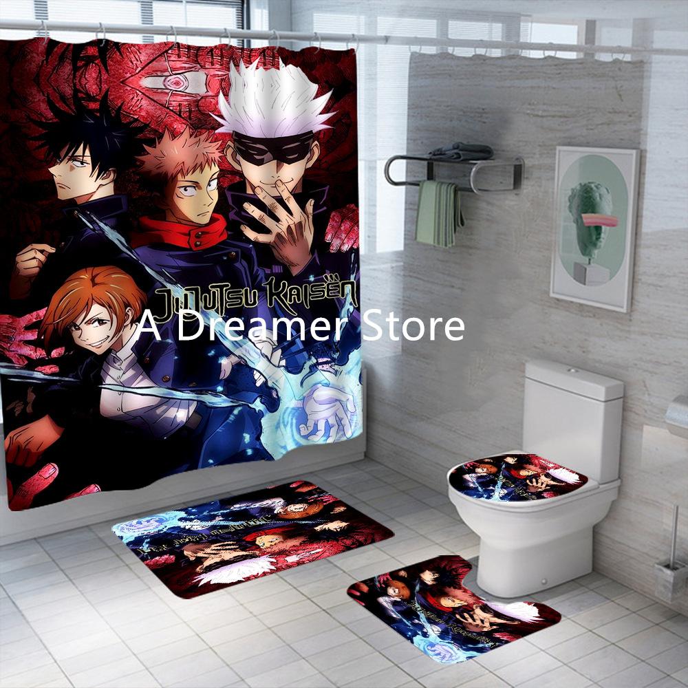 Nuovo Set Tenda da Doccia Anime Jujutsu Kaisen 4 Pezzi Poliestere Impermeabile Tende da Bagno per Adulti Ragazzi Decorazione Tappetini da Bagno Tappeti