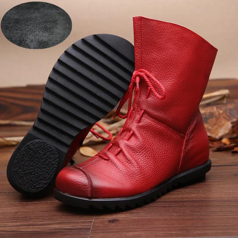  Women Boots Soft Leather Woman Short Retro Soft Leather Shoes Girls Flat Non-slip Short-tube Soft-soled Cotton Boots Shoe