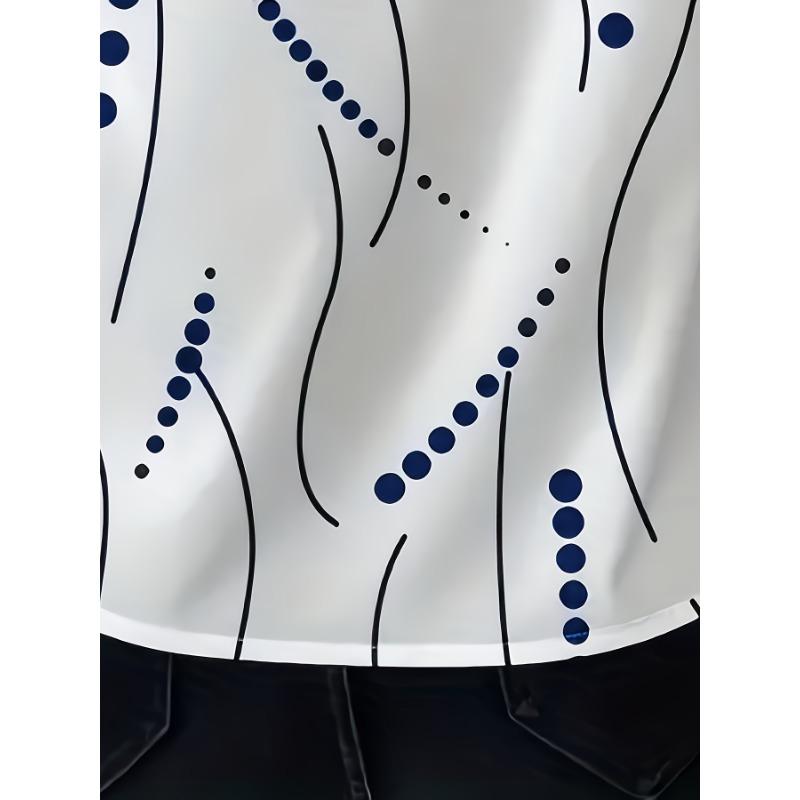 Women's Summer Striped Polka Dot Print Short Sleeve Button-Up Shirt - Elegant Lapel Collar, White Base with Blue and Black Patterns Shirt