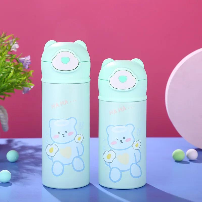 320/420ml Edelstahl Isolierflasche mit Schnappverschluss Outdoor-Komfort Studenten Strohhalm Wasserbecher Niedlicher Teddybär Kindergeschenk