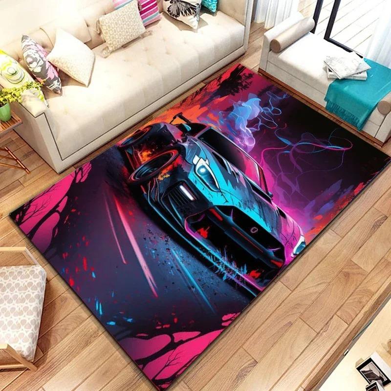 Sports Car Carpet Mat Rug Starry Sky Neon Lights Sci-Fi Futuristic Home Decoration Floor Mat Living Room Decoration Bedroom Rug