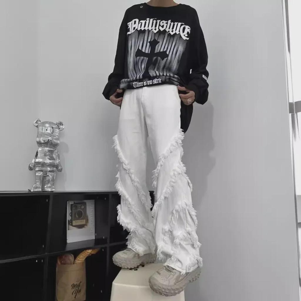 Men's Raw Edge High Street Straight Jeans – Trendy American Hip Hop Summer Design