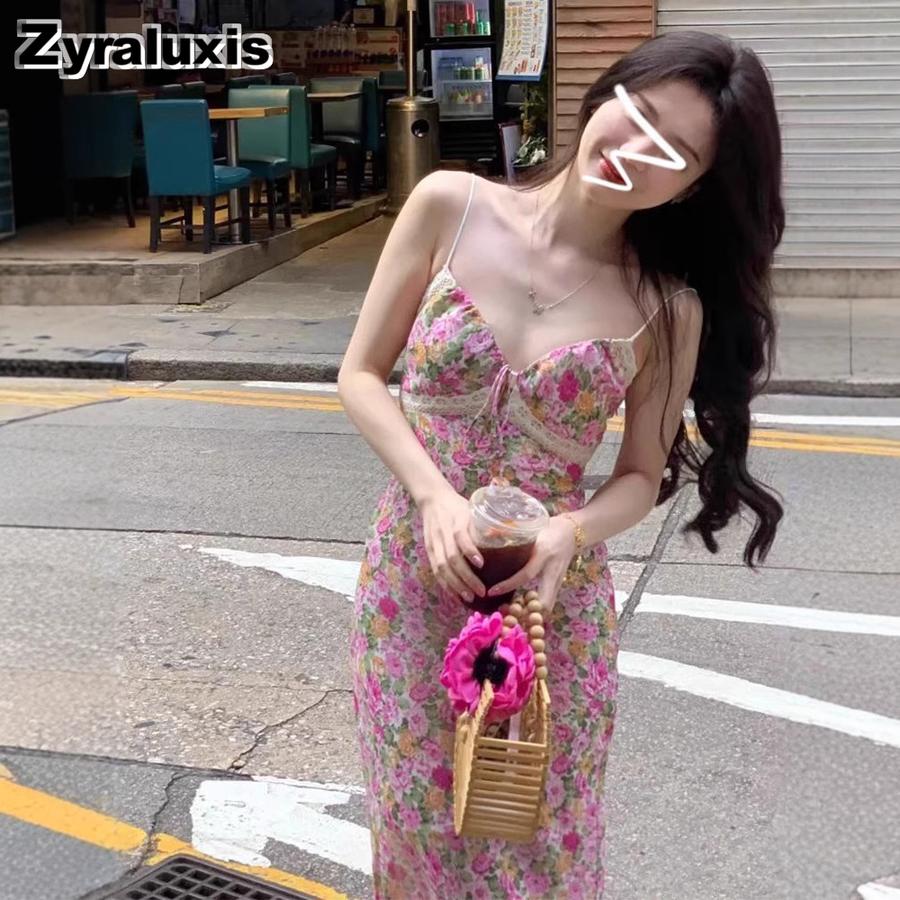 French Lace Strappy Floral Sundress for Women Summer New Small Size Beach Vacation Maxi Dress