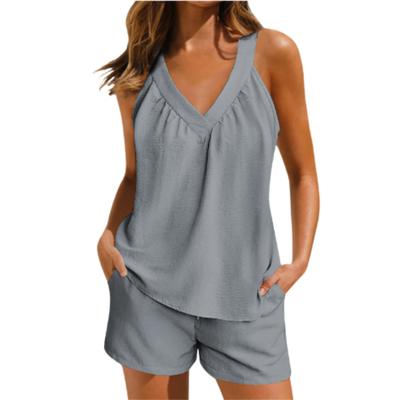 Pull ample à col en v pour femmes, couleur unie, sans manches, haut décontracté avec poches, ensemble short