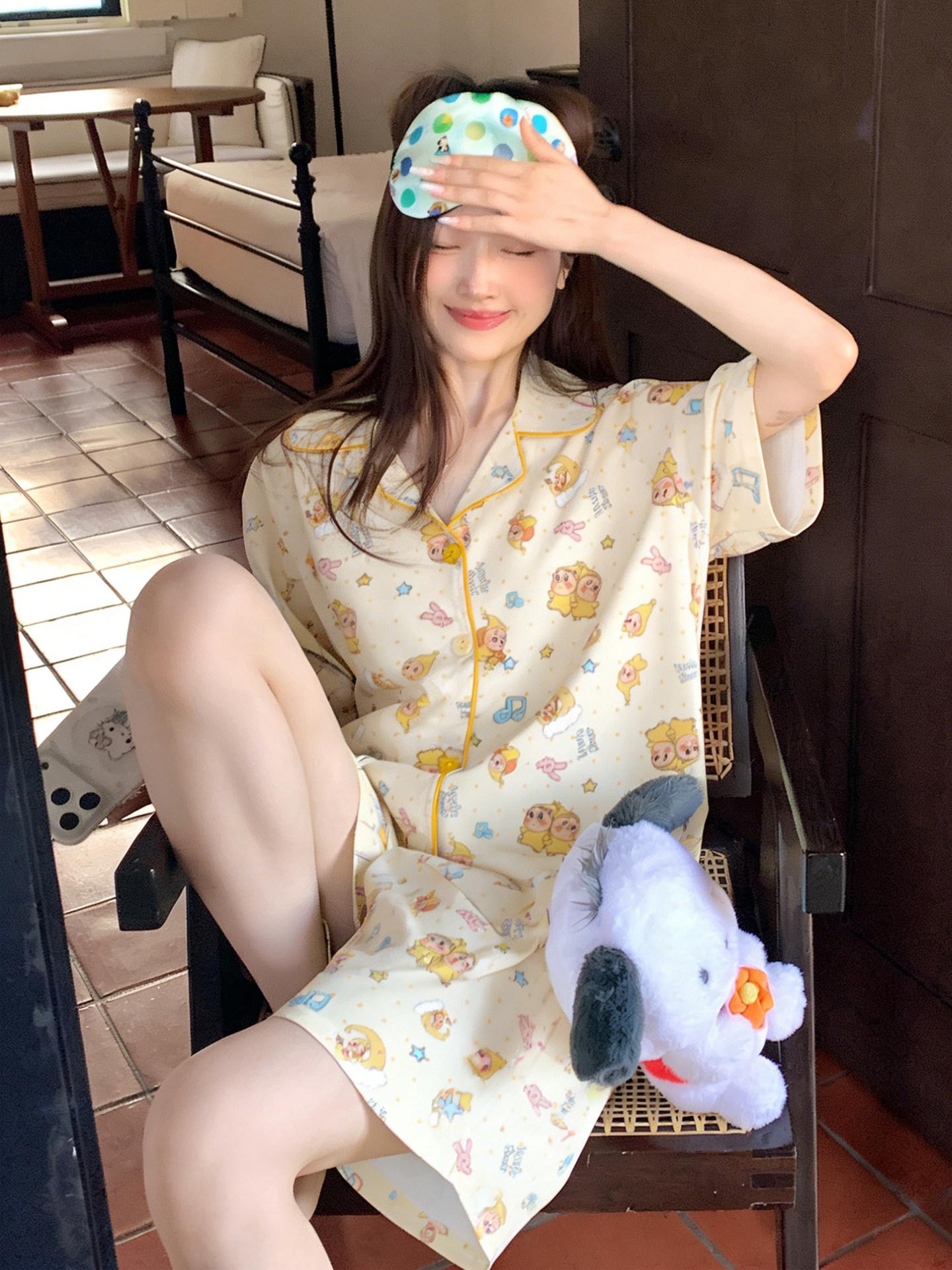 

Polka dot yellow edge star person girl pajamas summer short-sleeved shorts cardigan two-piece set soft cute princess style loungewear S