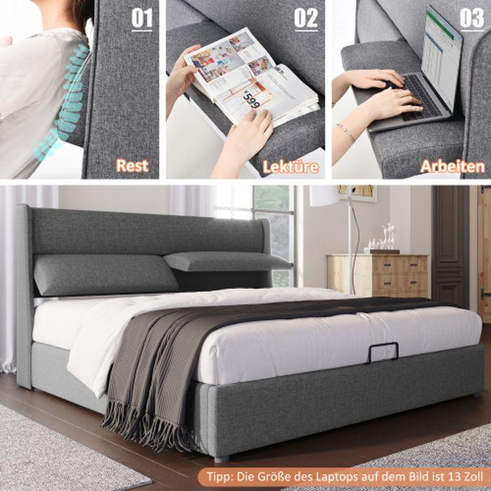 Lit Rembourré Tête De Lit Réglable Double Avec Cadre De Lit En Lin, 160x200 Avec Sommier À Lattes (sans Matelas)