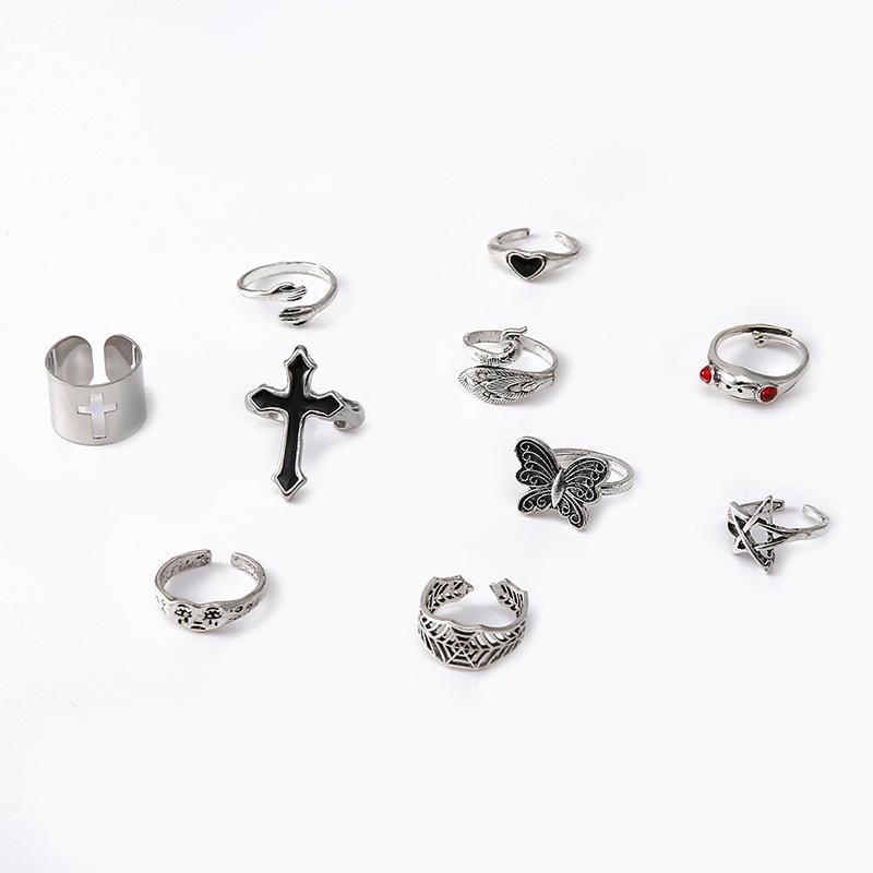 Stylish Peacock Frog Butterfly Sad Face Ring Set 10 Pieces