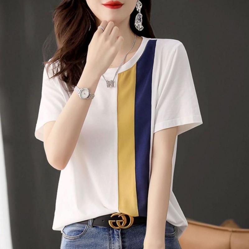 Women's Block T-Shirt Asymmetric Panel Tees Casual Short Sleeve Top