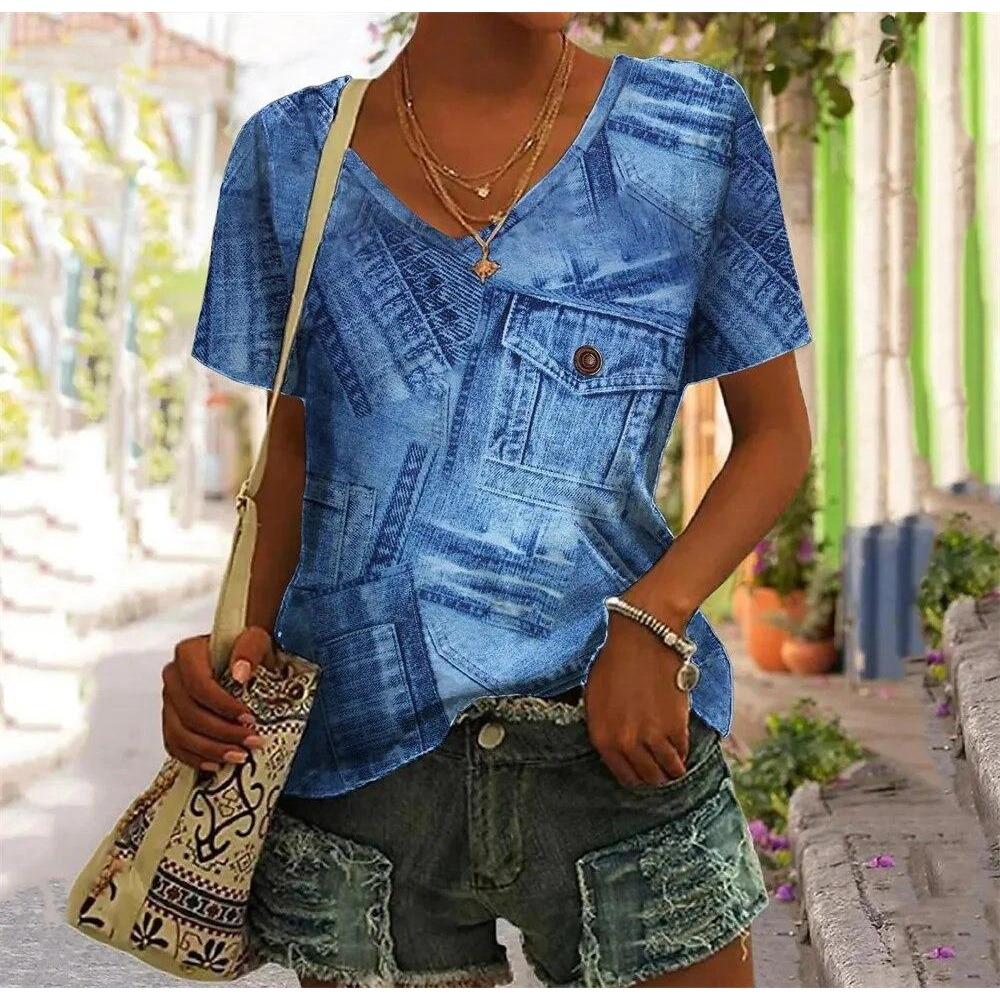 Abstract Face T-Shirts Fake Pocket 3D Print Women's V-Neck Short Sleeve T Shirt Y2K Casual Tees Harajuku Tops Female Clothing