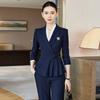 Womens Navy Blue V-Neck Blazer Suit Set Business Professional Office Reception Uniform Pants Skirt Option