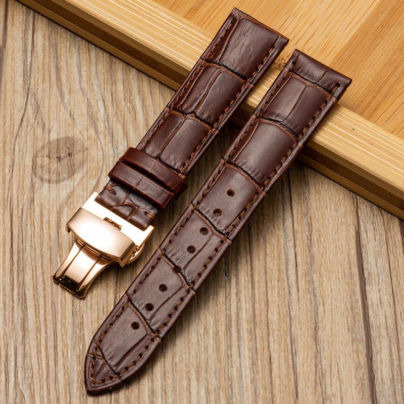 Bamboo Pattern Genuine Leather Watch Strap with Soft Cowhide and Butterfly Buckle for Men and Women