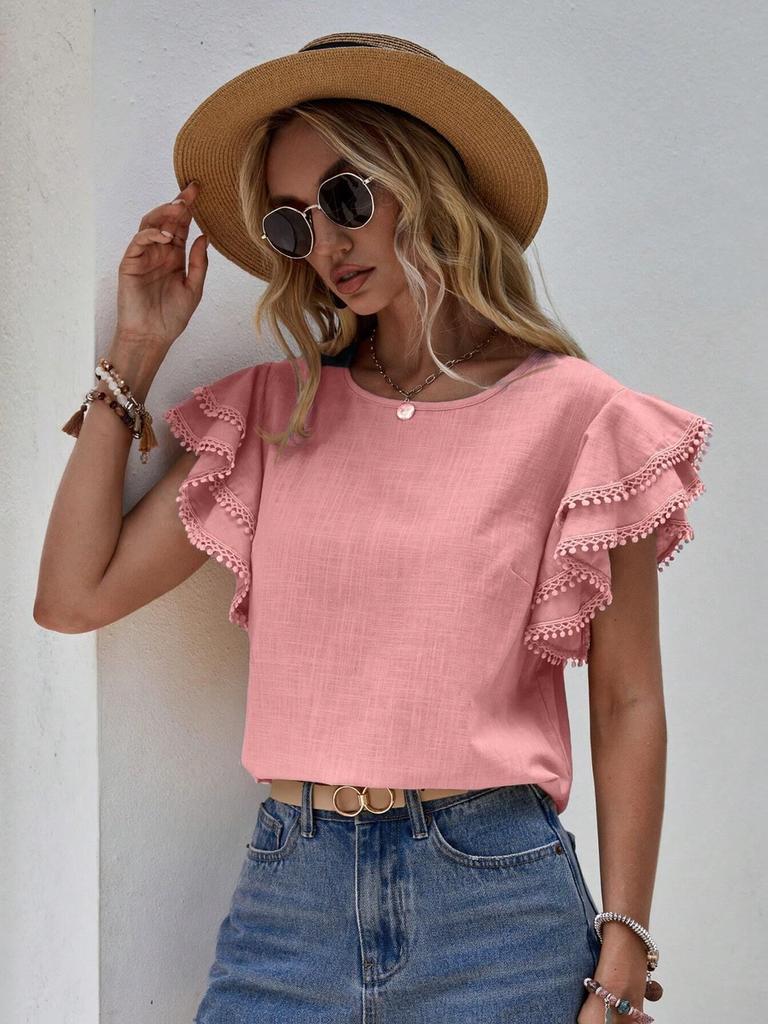 Women's Casual Round Neck Loose Summer Shirt with Ruffles Batwing Sleeves Short Sleeve Top for Women
