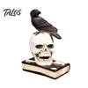 Vintage Style Skull Statue Mystical Raven on Statue, Gothic Crow Perching Figurine Decor with Book, Spooky Halloween Resin Sculpture for Desk