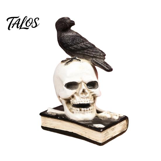Vintage Style Skull Statue Mystical Raven on Statue, Gothic Crow Perching Figurine Decor with Book, Spooky Halloween Resin Sculpture for Desk