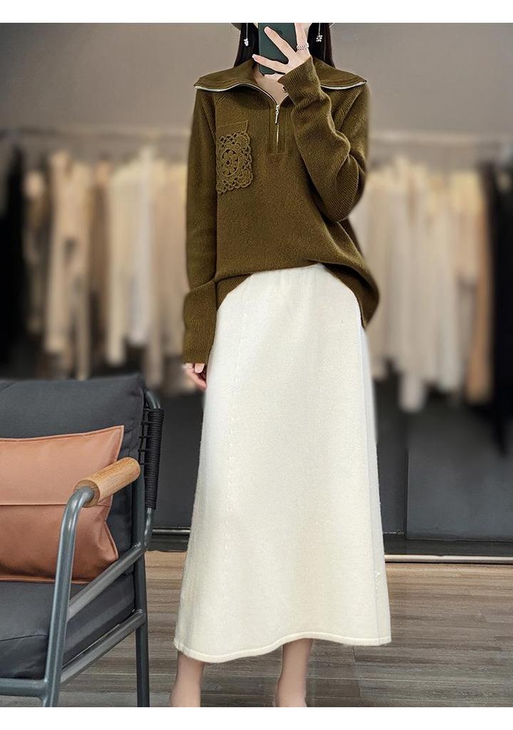 Women's Loose Cashmere Half-Patchwork Zipper Sweater - Autumn/Winter 23 Style