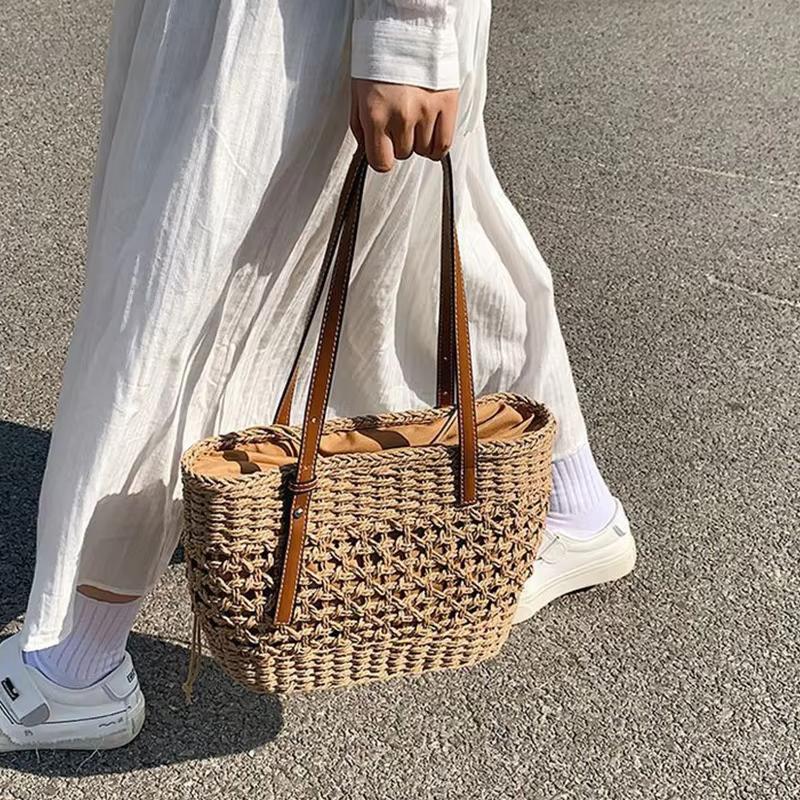 Boho Hohl Stroh Häkeln Tragetasche Damen PU Riemen Kordelzug Futter Strand Schultertasche
