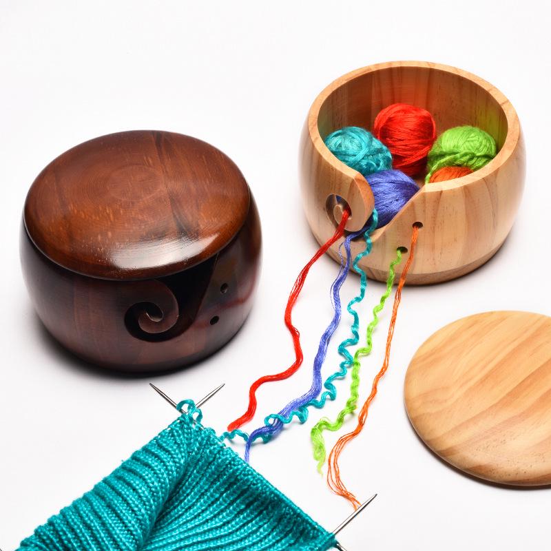 Creative Wooden Yarn Bowl with Lid for Knitting Storage