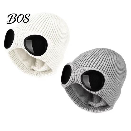 Snow Proof Outdoor Cycling Hat 2Pcs Fleece Lined Hats with Goggles, Warm Winter Knit Stretchy Brimless Eye Protection Hats, Windproof Skiing Caps for