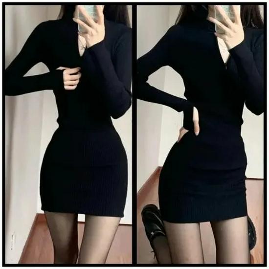 2026 Women's Black Autumn & Winter Hip-Hugging Dress Set