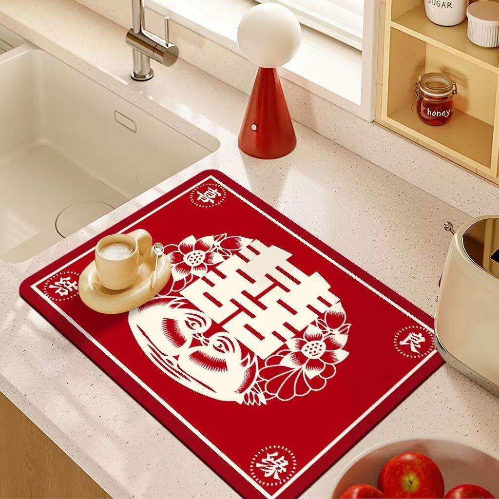 Wedding Drain Mat Red Festive Absorbent Soiled Mat Wash Table Technology Velvet Absorbent Coaster Bowl Mat