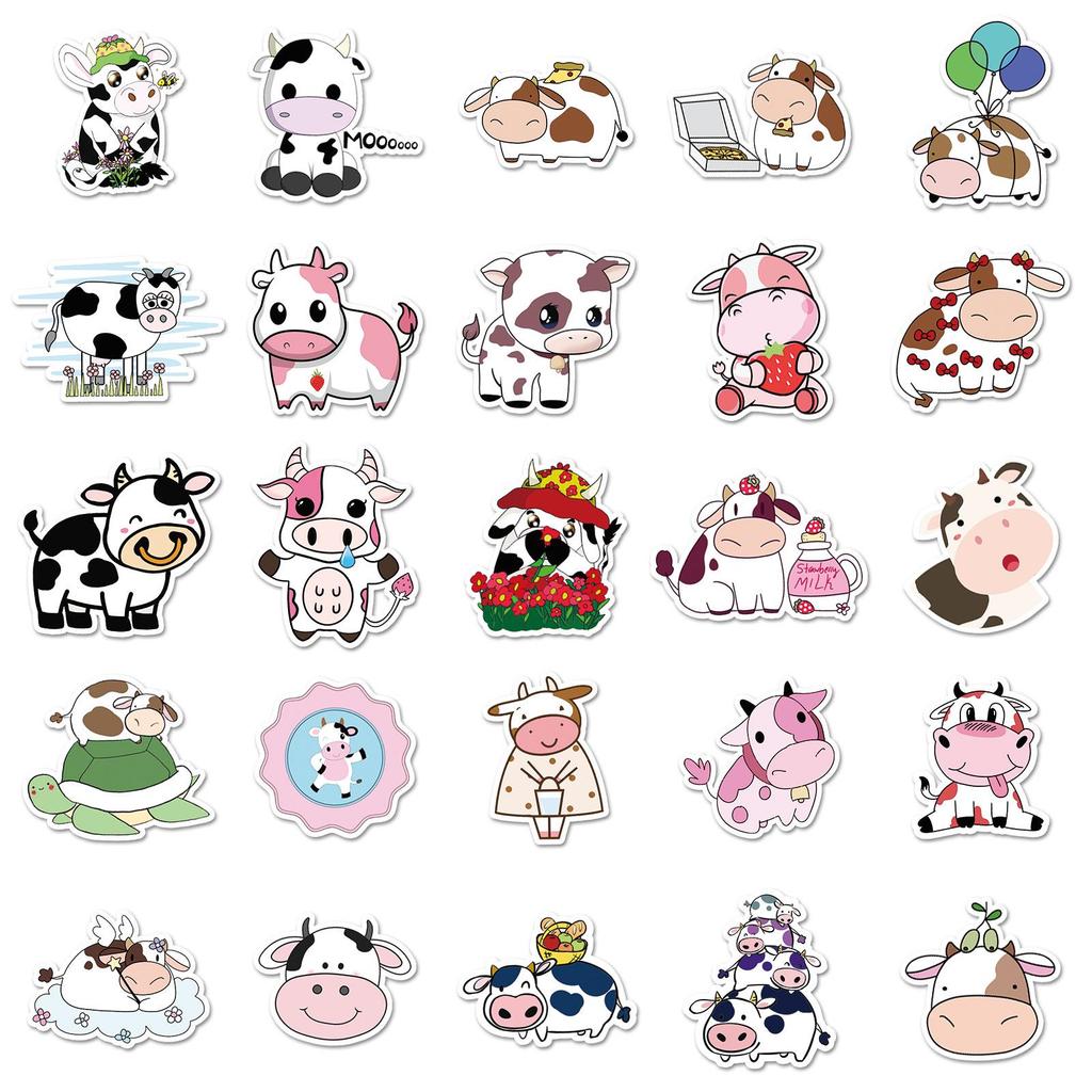50pcs Cute Cow Stickers for Kids - Cartoon Animal Waterproof Decals for Diary, Laptop, Suitcase, and Fridge Decoration.