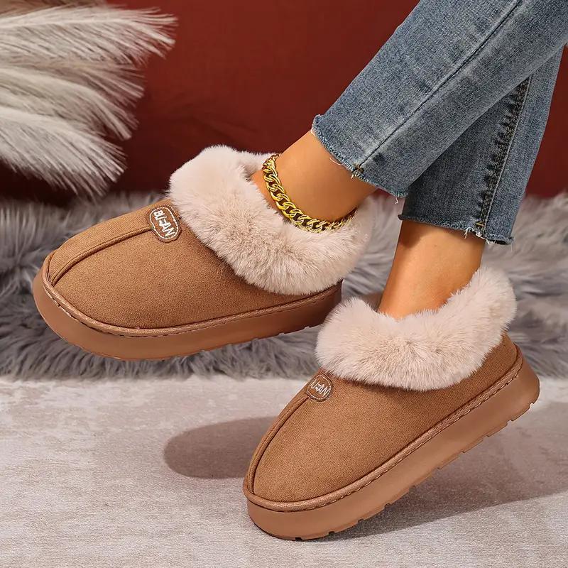 Women's Platform Boots Winter Fur Chunky Shoes Ankle Warm Plush House Fluffy Footwear Plush Lined Slip On EVA Sole Slippers New