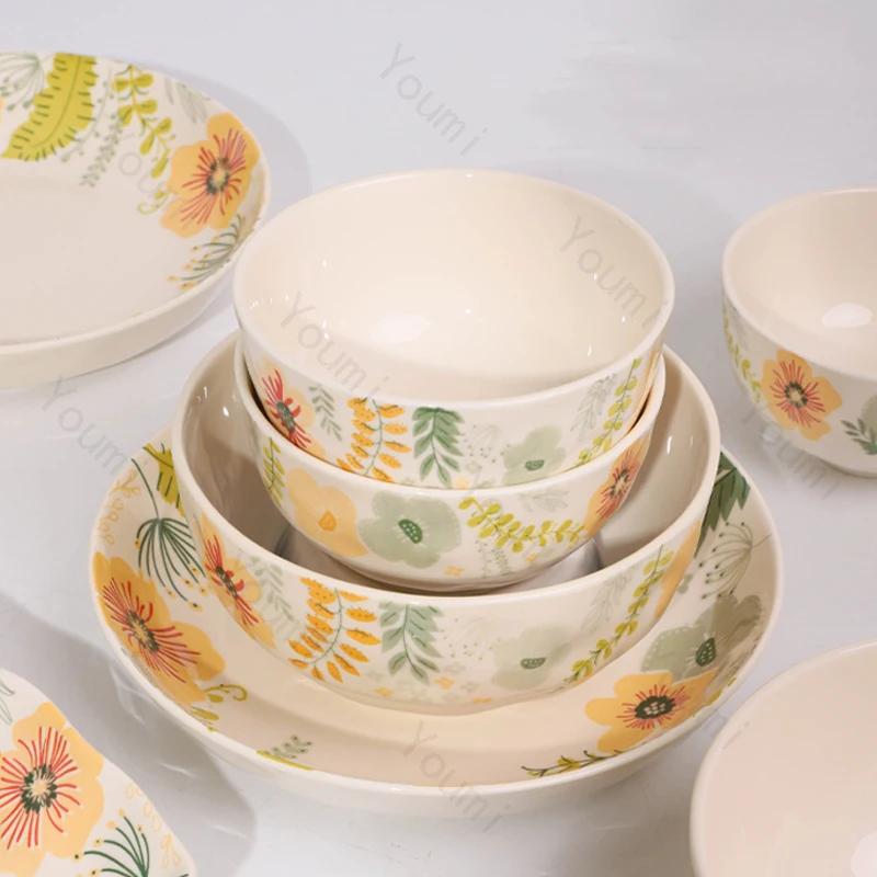Exquisite Flowers Ceramic Plate Coffee Shop Afternoon Tea Dessert Fruit Plate Delicious Dishes Deep Soup Plates Home Tableware
