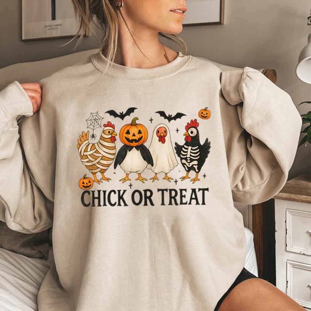 Chick or Treat Sweatshirt Spooky Chicken Halloween Sweater Long Sleeve Women's Sweatshirts Funny Halloween Chicken Hoodie Tops