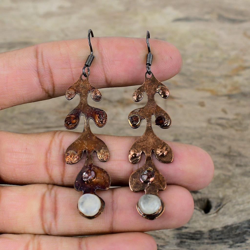 Rainbow Moonstone Earrings Electroformed Copper Earrings Pink Tourmaline Rough Earring Real Gemstone Jewelry Gift For Women Handmade Earring