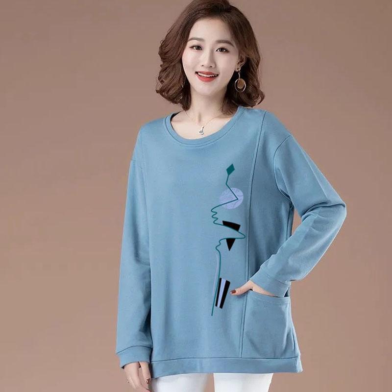 Spring Women Blouses Long Sleeve Print Element TShirts Casual Round Neck Ladies Tops Pullover