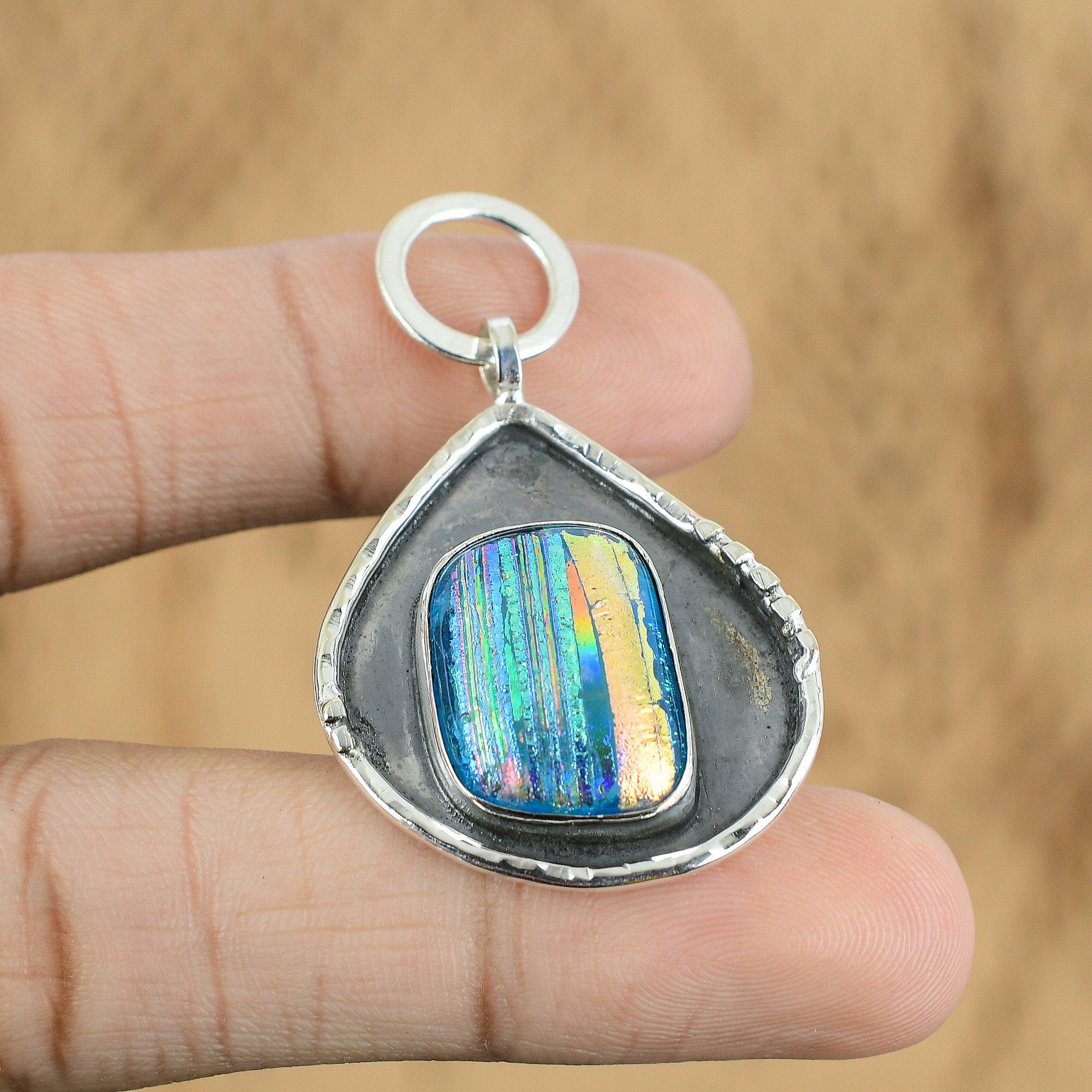 

Dichroic Glass Gemstone 925 Silver Handmade Ethnic Anniversary Pendant Jewelry