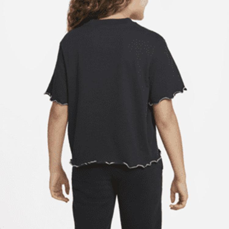 Nike Dri-FIT Color Block Logo Ruffled Hem Round Neck Short Sleeve T-Shirt Kids Tops Black DQ4392-010