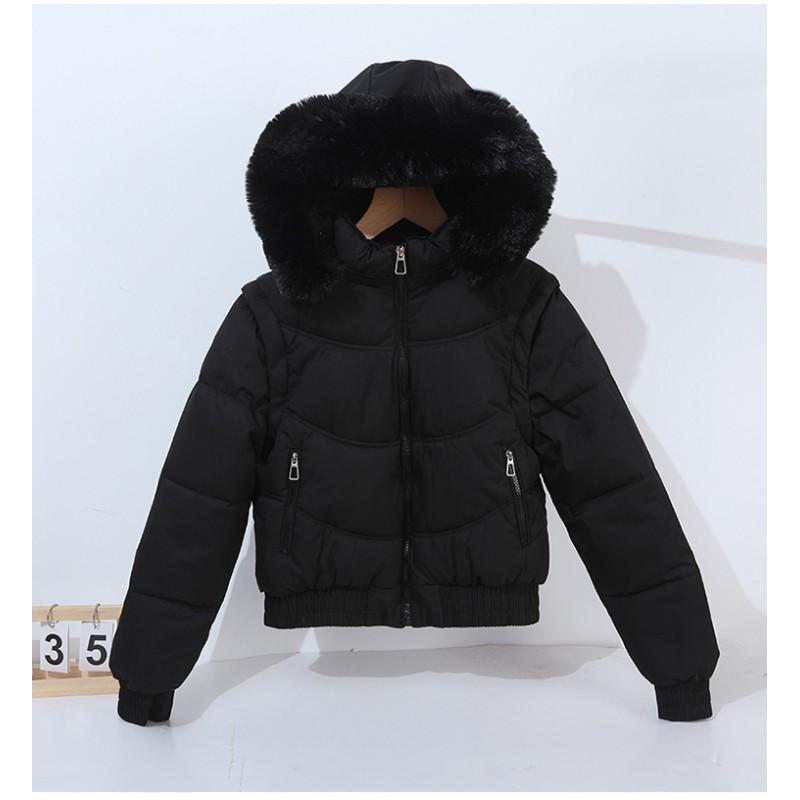 Damen Kurz Steppjacke mit abnehmbaren Ärmeln und Kunstpelzkragen Warme Dicke Baumwollgepolsterte Jacke Winter