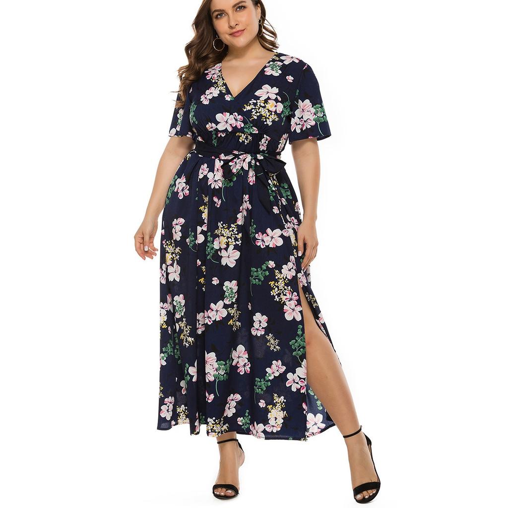 Women Plus Size Print Shourt Sleeve Fashion V-Neck Knee Length Dress