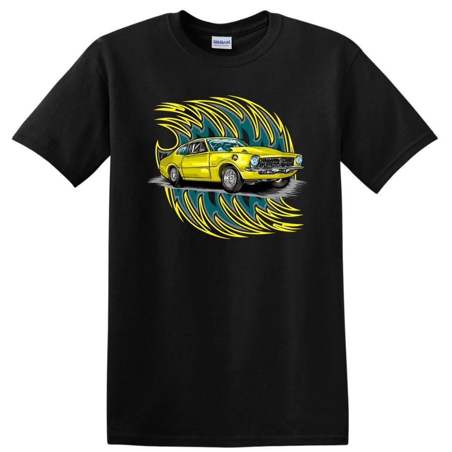 Vintage Car Illustration Graphic T Shirt Classic Yellow Car w/ Cool Design Tee L