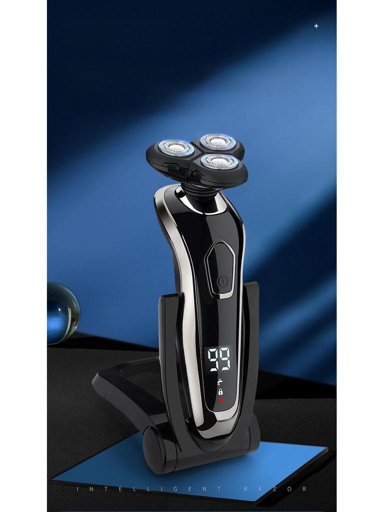 Rechargeable Waterproof Three-Blade Electric Shaver with Digital Display