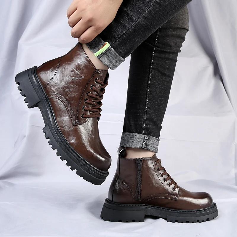 Men Genuine Leather Shoes Sneakers Mens Boots Fashion Casual Ankle Boots Man Male Platform Shoes for Men Designer Luxury Shoes