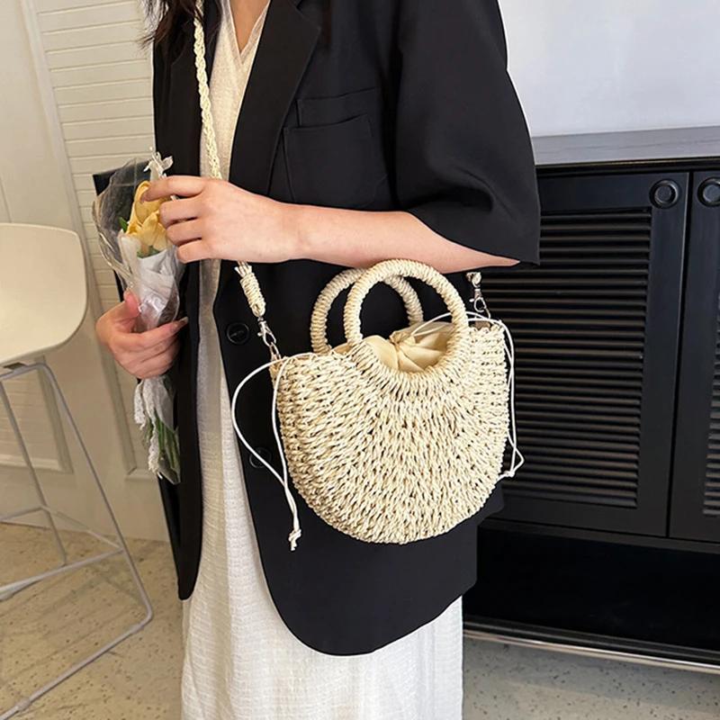 Handwoven Straw Rattan Half-Moon Beach Handbag Large Capacity Women Summer Hollow Out Shoulder Bag Crossbody Bags