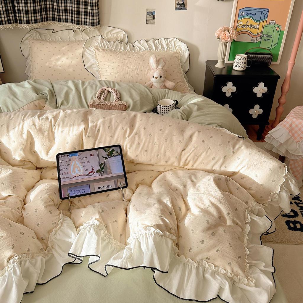 Princess-Style French Lace Bedding Set: Traditional Water-Washed Imitation Cotton Duvet Cover, Girlish Student Style, Three-Piece