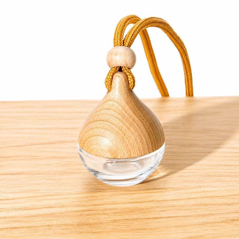 Empty Hanging Car Diffuser Bottles with Natural Wooden Lids Clear Glass Reusable for Homemade Car Air Fresheners