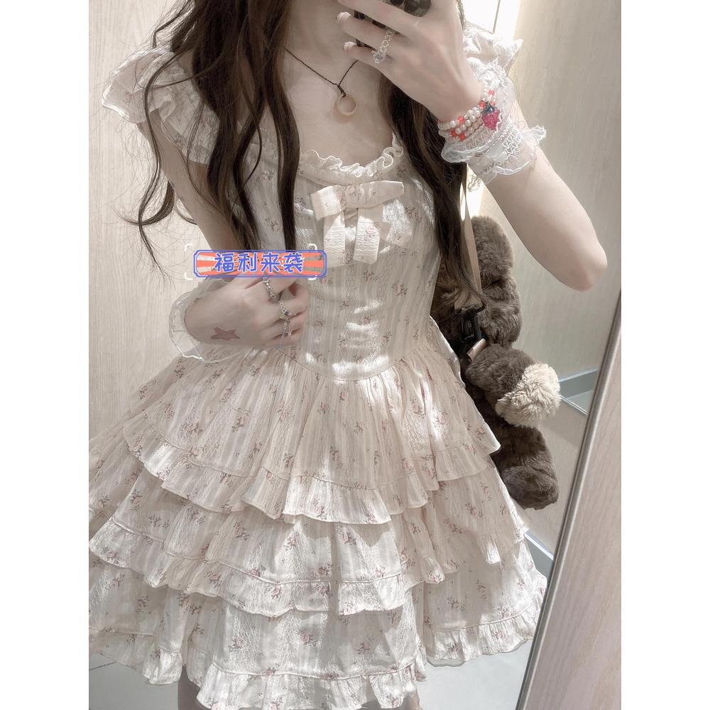 Sweet little fly sleeve floral dress female summer small man bow waist fugitive princess puffy skirt