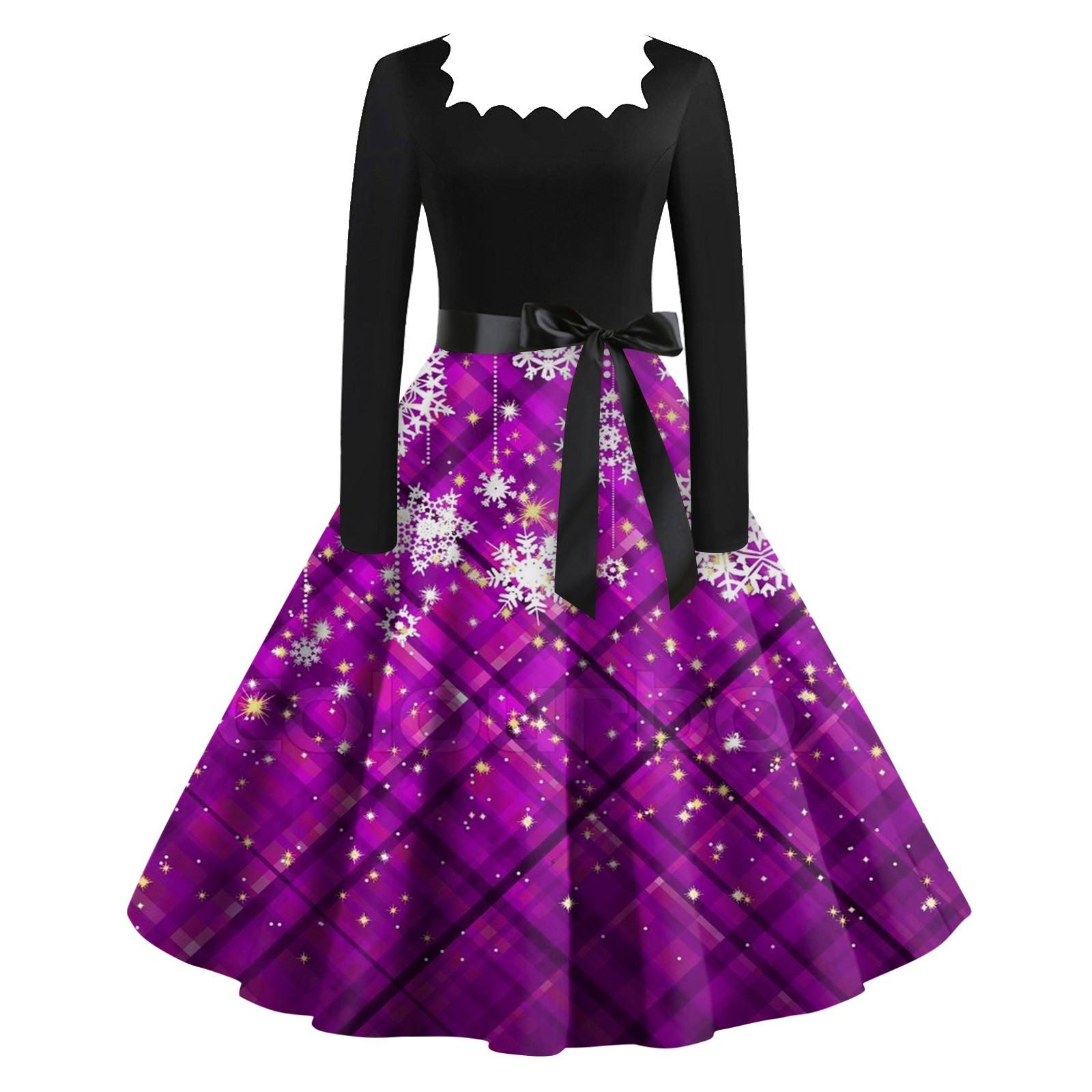 

Жіночі модні повсякденні тонкі різдвяні сукні з довгими рукавами з квадратним вирізом і принтом L фіолетовий