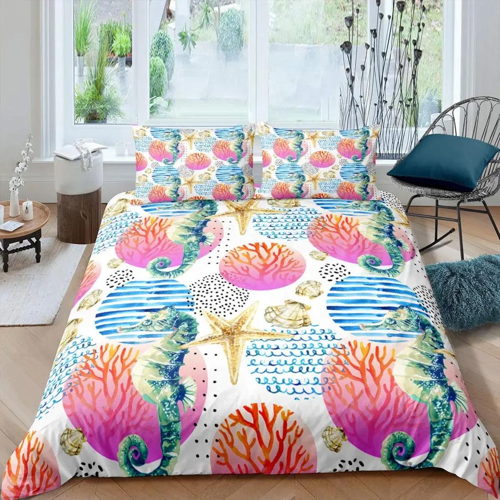 Ocean Animal Duvet Cover Set Coral Marine Life Home Textile Sea Urchin Soft Quilt Cover Cute Seahorse King Size Bedding