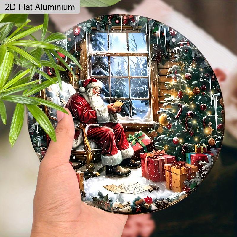 2D Flat Aluminium Oil Painting Style Christmas Sign with Santa Claus Pattern - Warm Winter Figurine Ornaments - Ideal for Front Door, Wall, Porch