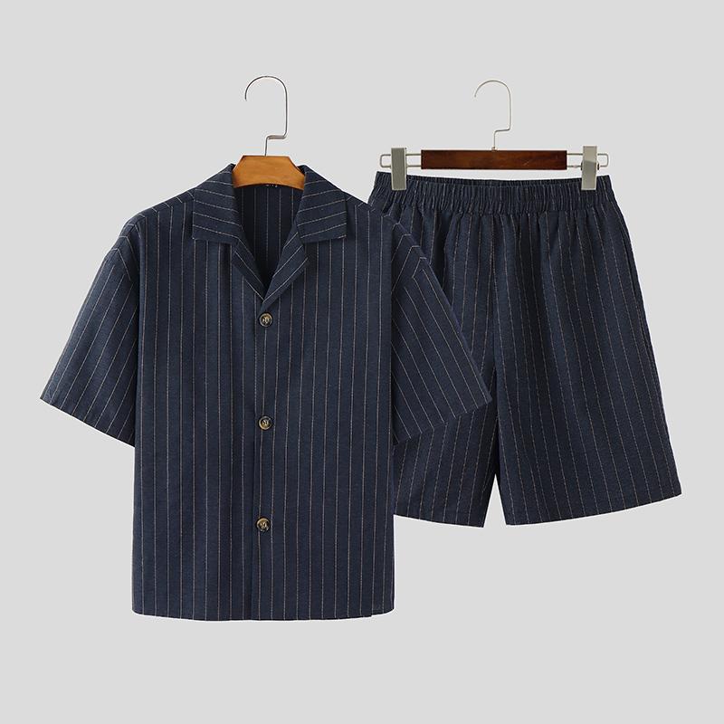 

INCERUN Two Pieces Men Summer Lapel Neck Short Sleeve Shirts Shorts Casual Striped Sets S темно-синий