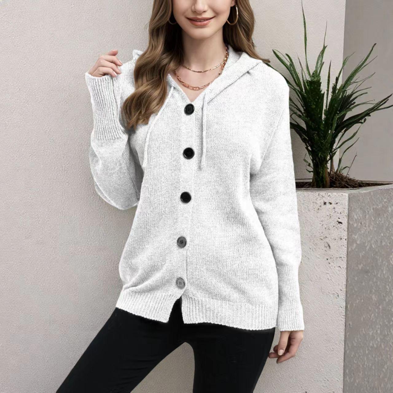 Women Light Grey Hooded Knit Cardigan with Black Buttons S белый