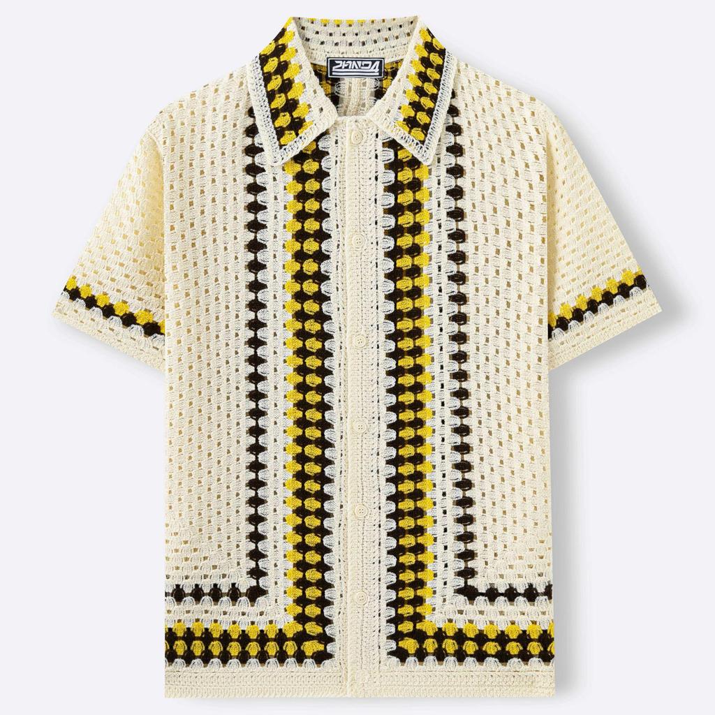Men's American Casual Hand-Knitted Striped Cardigan Sweater - Hollow Design