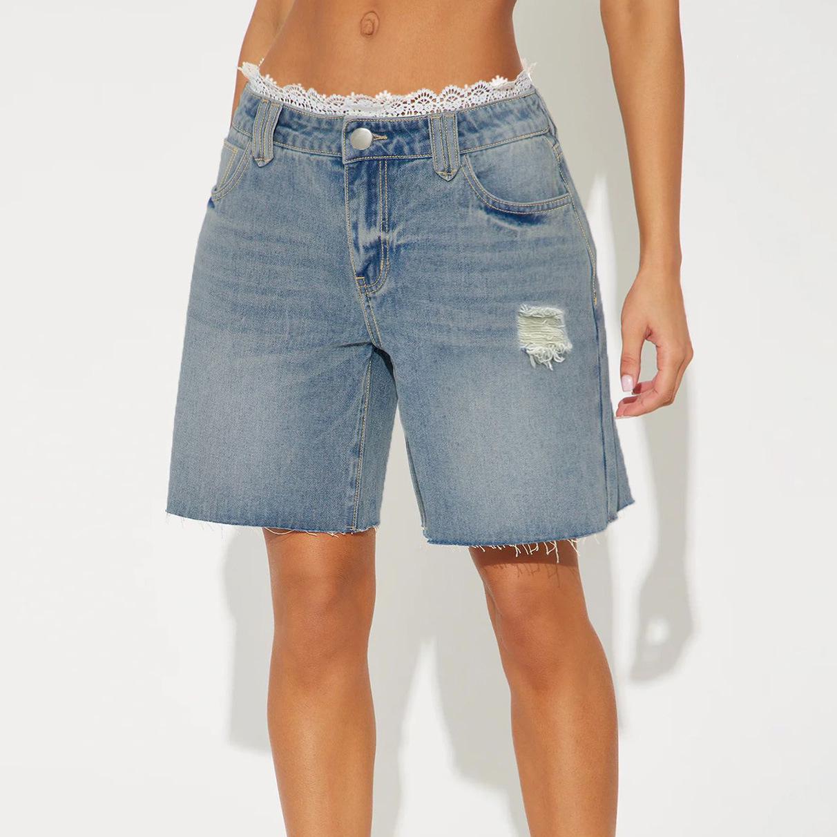 French Lace Patchwork Women s Ripped Denim Shorts - Trendy Loose Straight Leg with Raw Hem XL